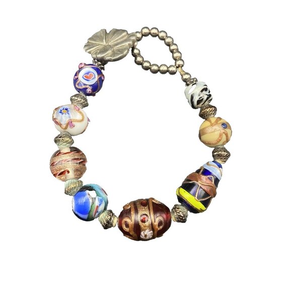 Unbranded Jewelry - Handmade Lamp Work Glass Bead Bracelet Fits 7" Multicolor Silver Tone Button